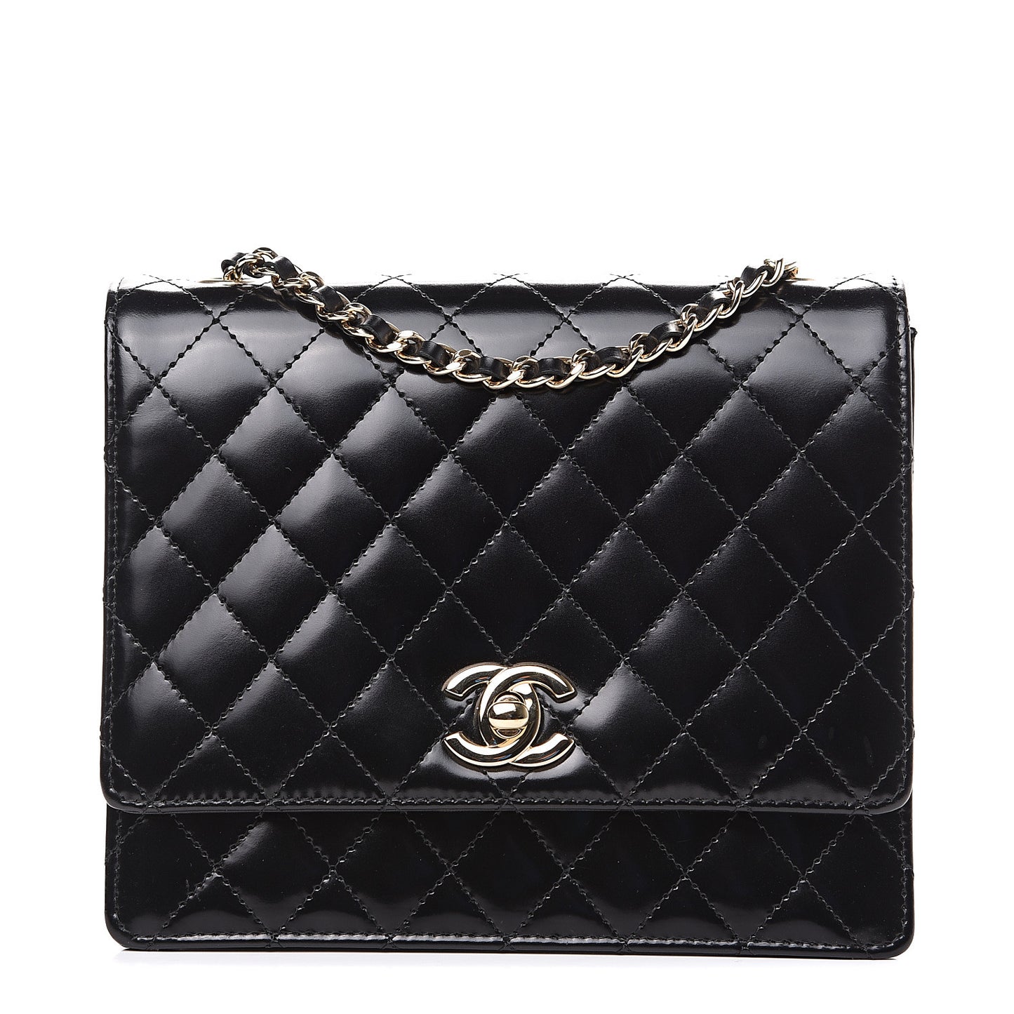 Glazed Calfskin Quilted Flap Black