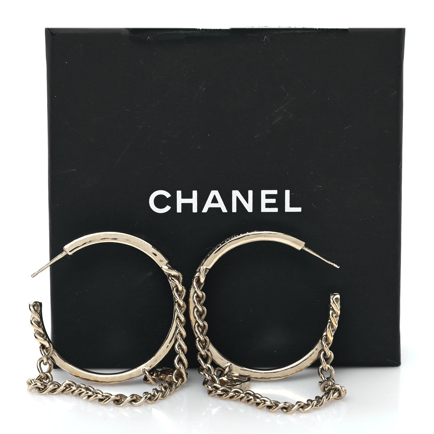Chanel Metal Crystal Chain CC Hoop Earrings Gold 6 of 6