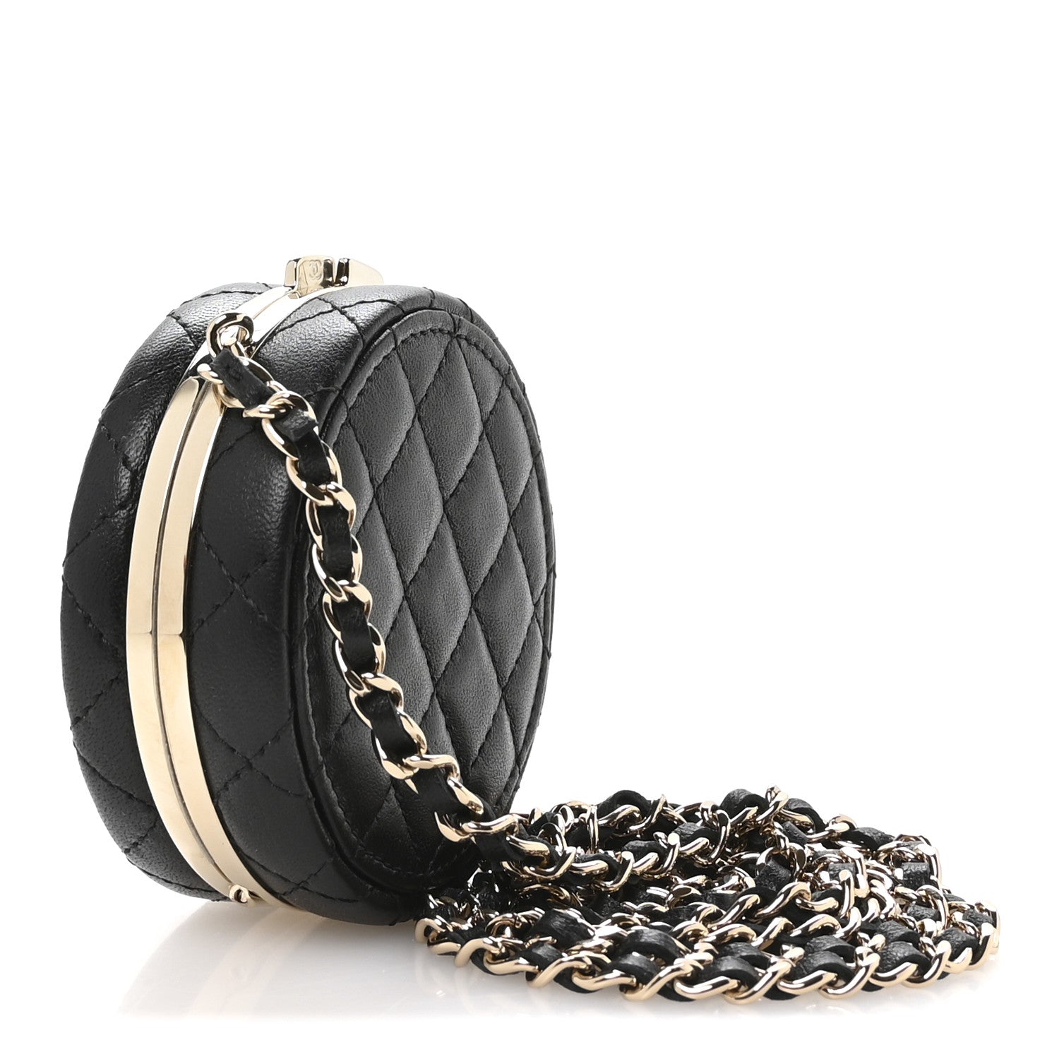 Chanel Lambskin Enamel Quilted Round Poker Chip Clutch With Chain Black White 2 of 10