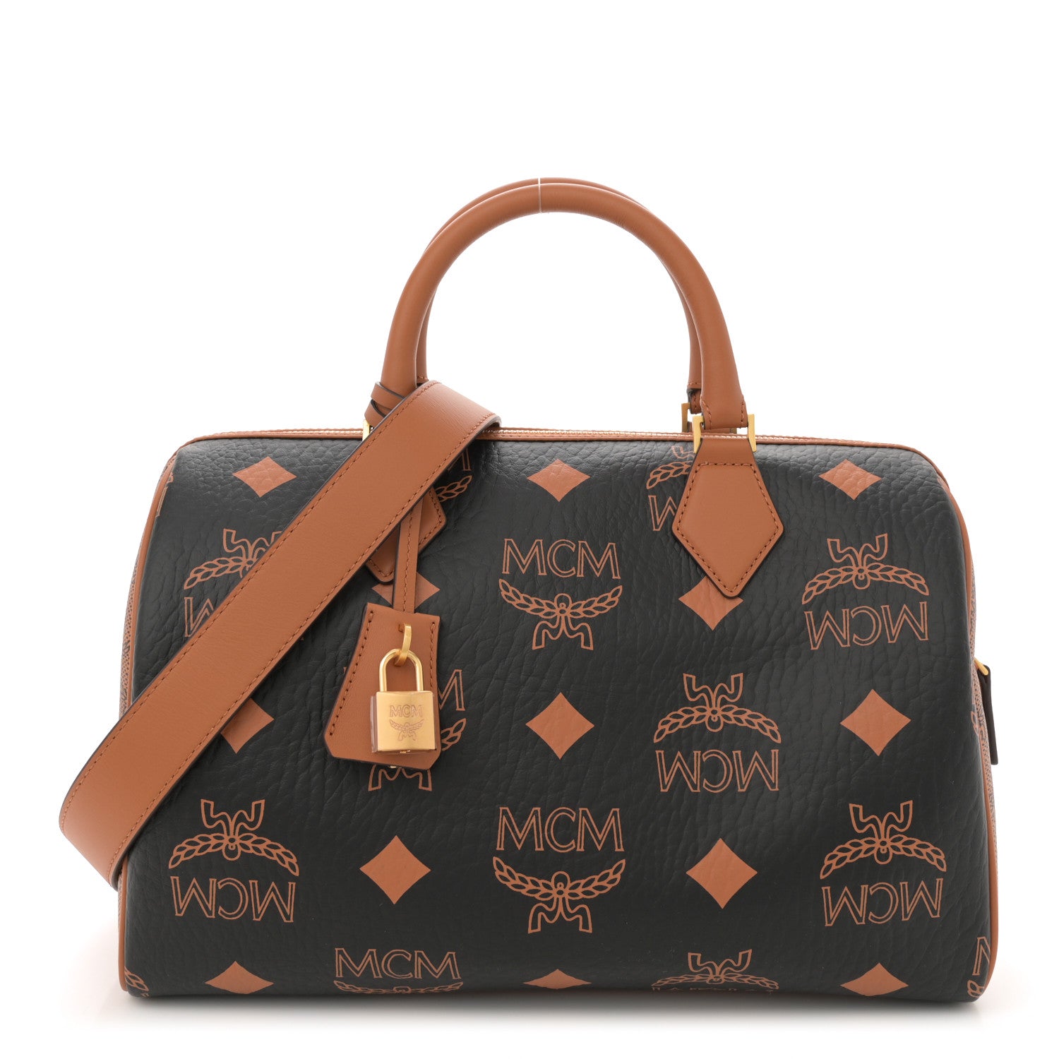 MCM Maxi Visetos Medium Ella Boston Bag Black Cognac 1 of 11