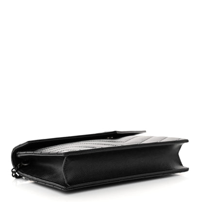 Saint Laurent Grain De Poudre Matelasse Chevron Monogram Monochrome Envelope Chain Wallet Black 4 of 9