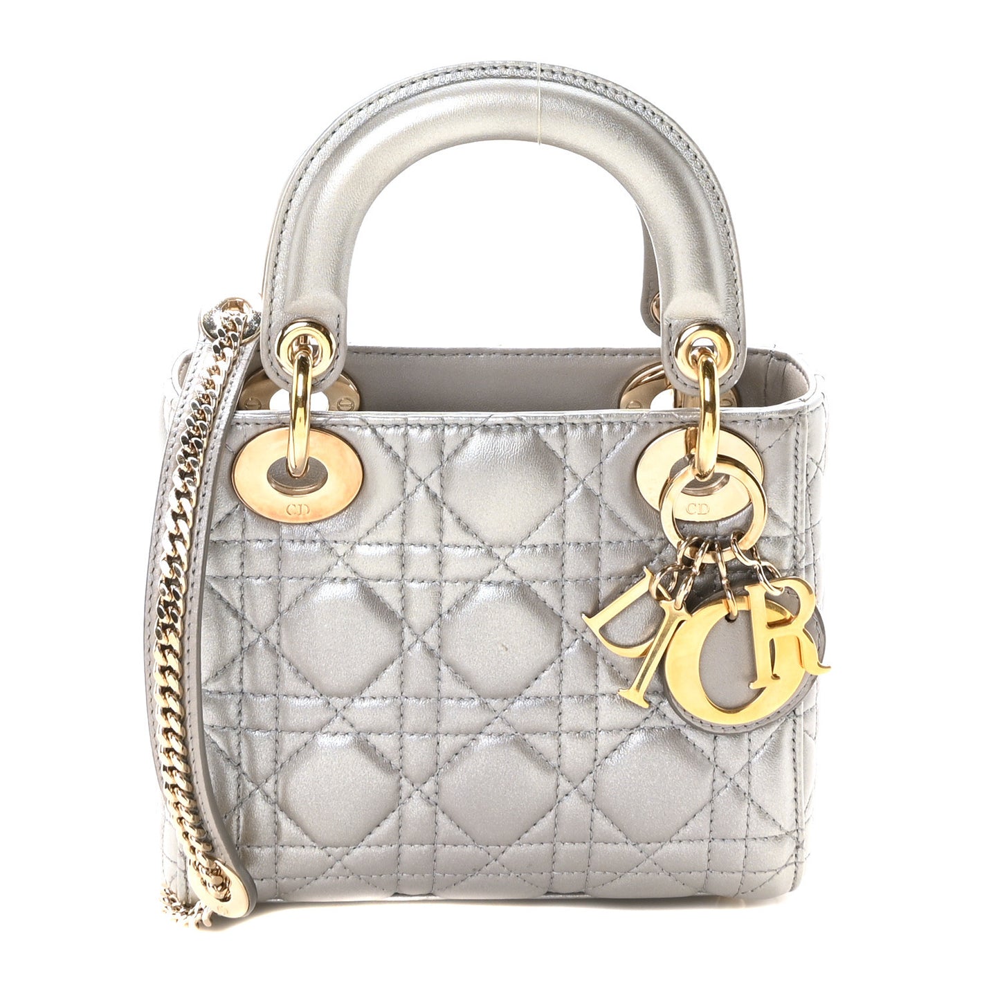 Metallic Lambskin Cannage Mini Lady Dior Grey