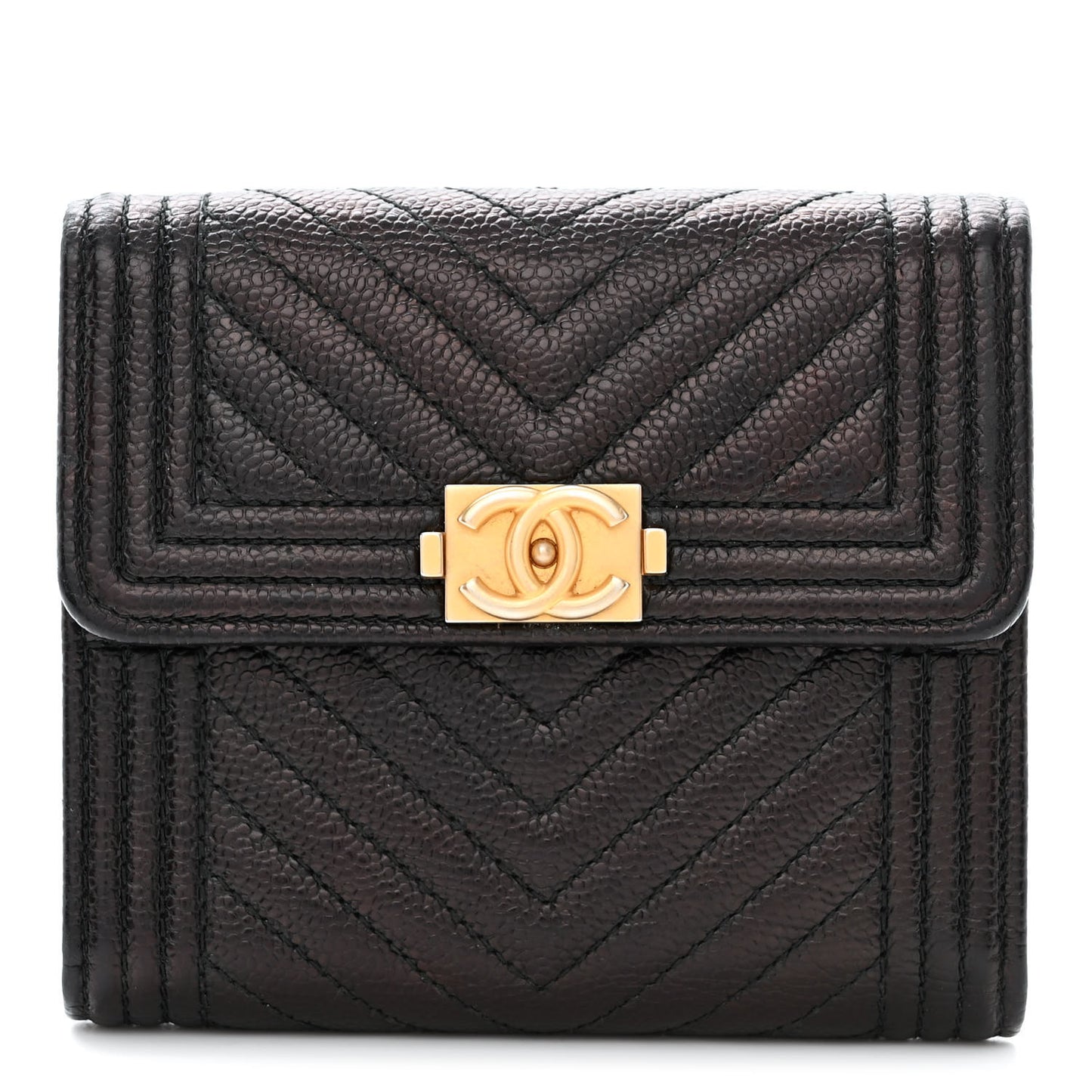 Caviar Chevron Quilted Boy Compact Wallet Black