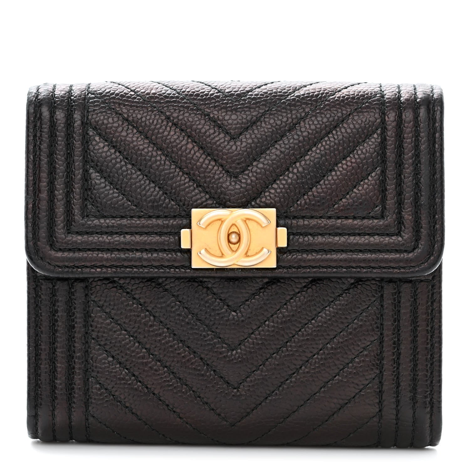 Chanel Caviar Chevron Quilted Boy Compact Wallet Black 1 of 11