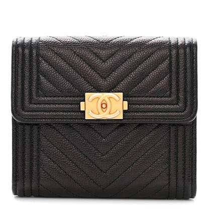 Chanel Caviar Chevron Quilted Boy Compact Wallet Black 1 of 11