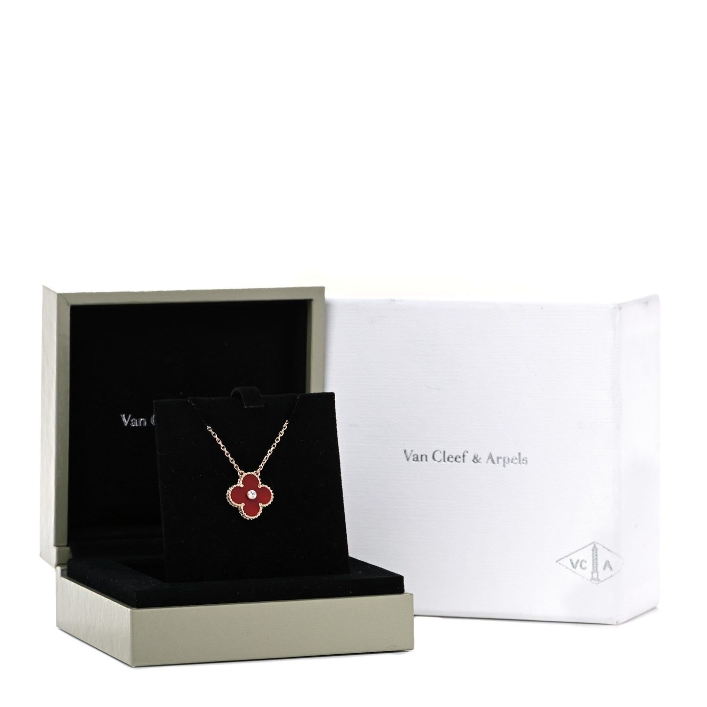 18K Rose Gold Diamond Carnelian Vintage Alhambra Pendant Necklace