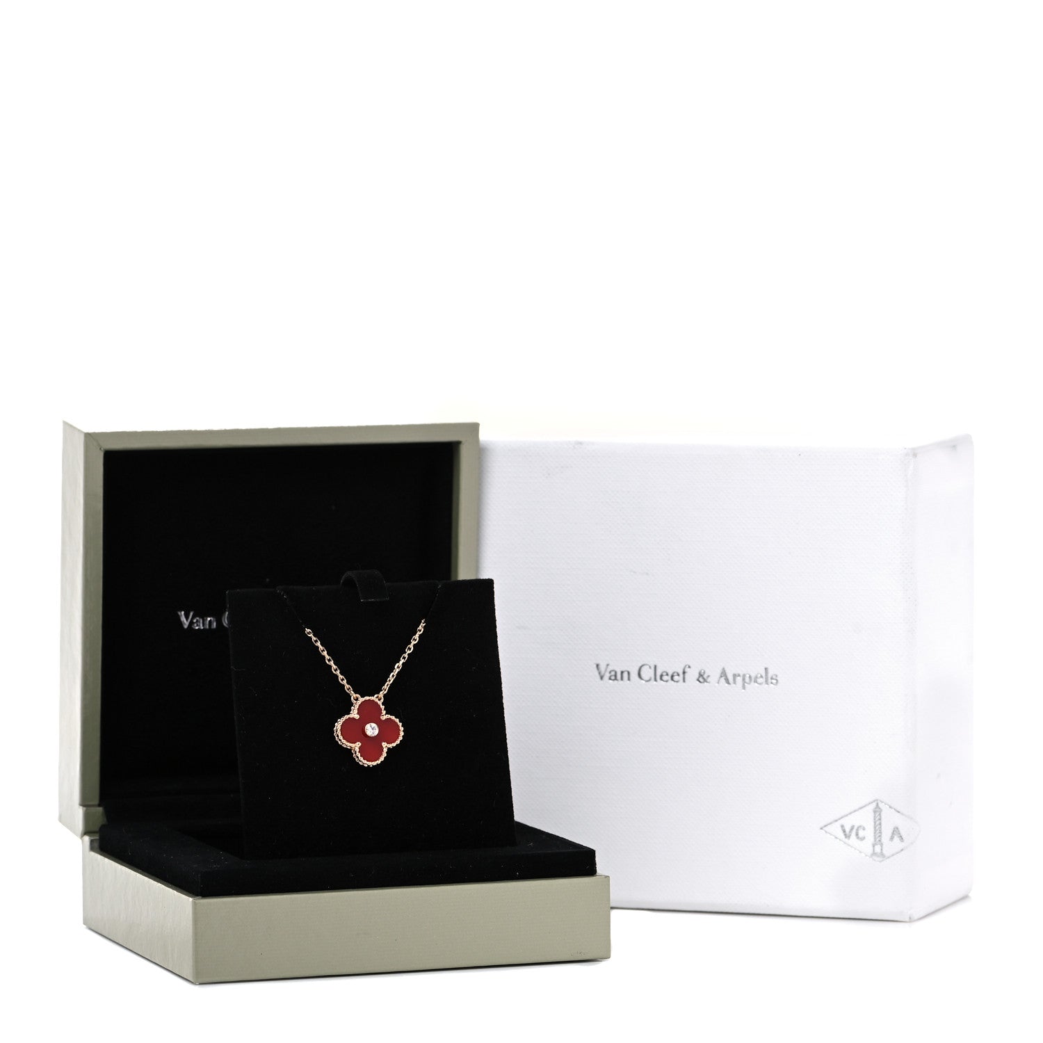 Van Cleef & Arpels 18K Rose Gold Diamond Carnelian Vintage Alhambra Pendant Necklace 7 of 7