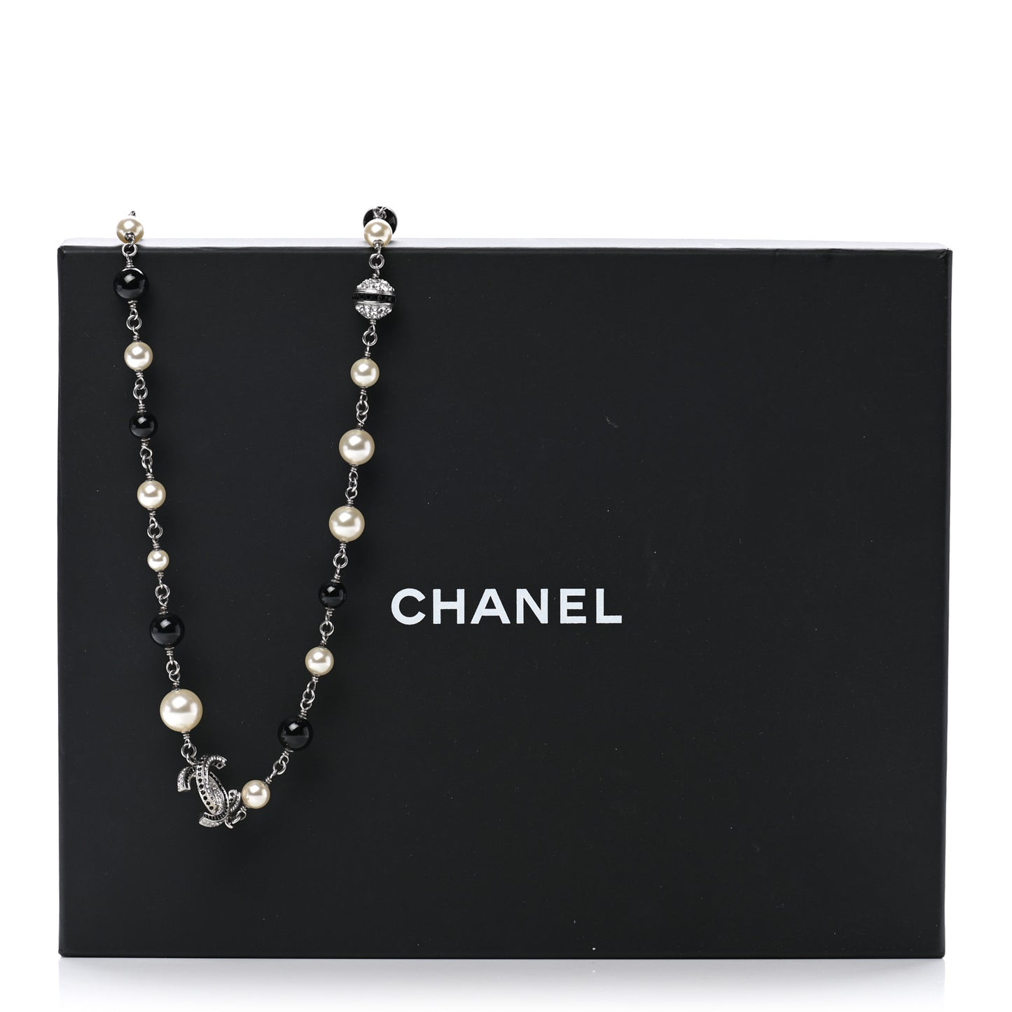 Pearl Crystal Bead CC Long Necklace Black Silver