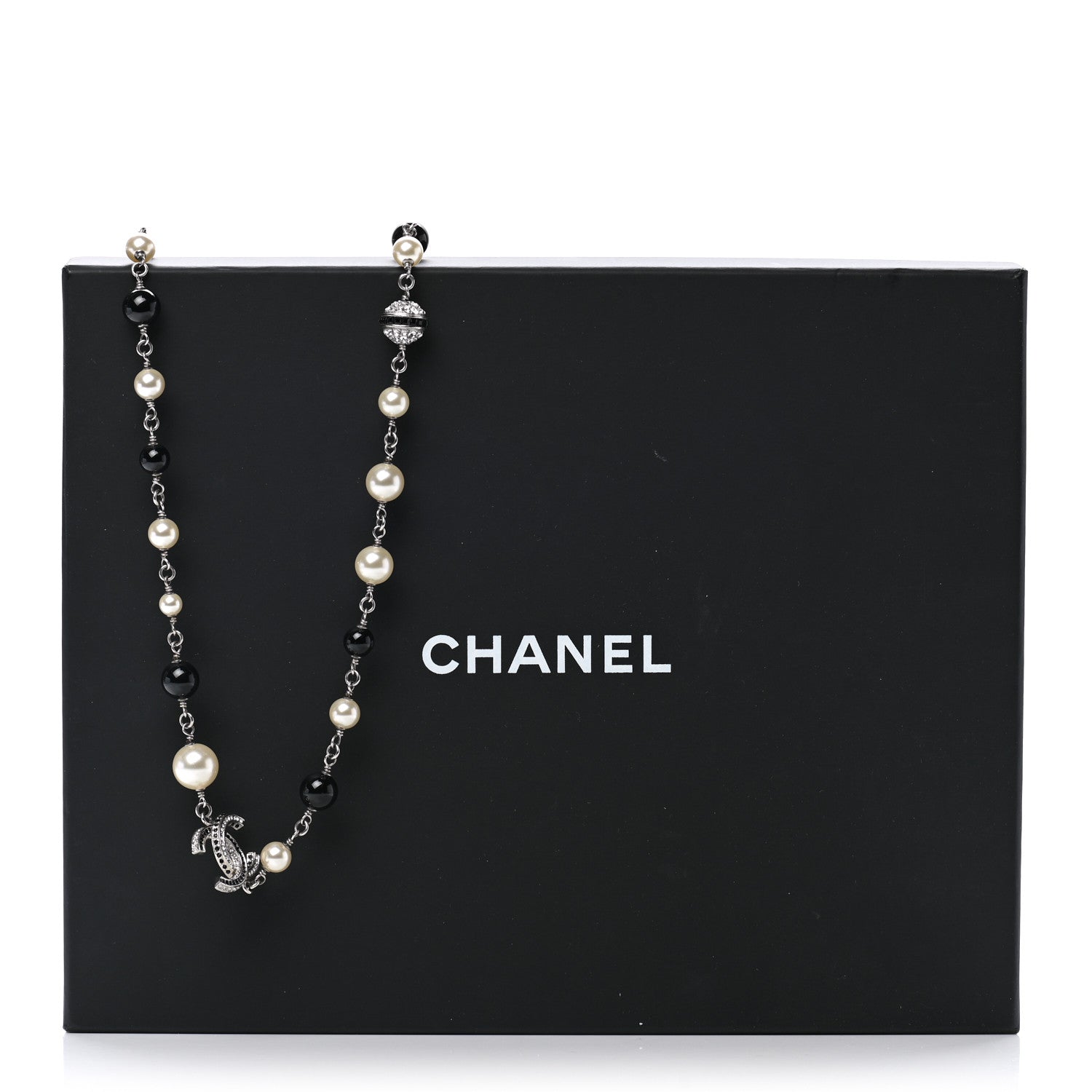 Chanel Pearl Crystal Bead CC Long Necklace Black Silver 7 of 7