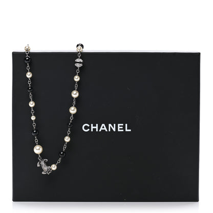 Chanel Pearl Crystal Bead CC Long Necklace Black Silver 7 of 7