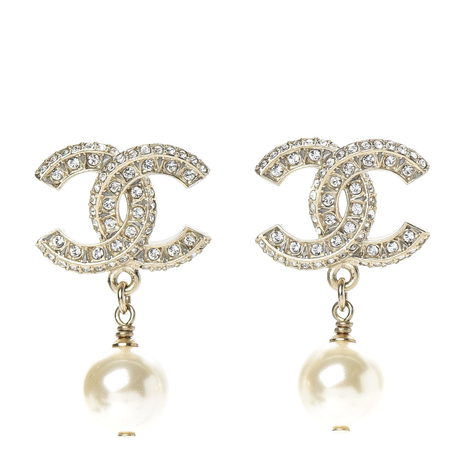 Chanel Crystal Pearl CC Drop Earrings Gold 1 of 5