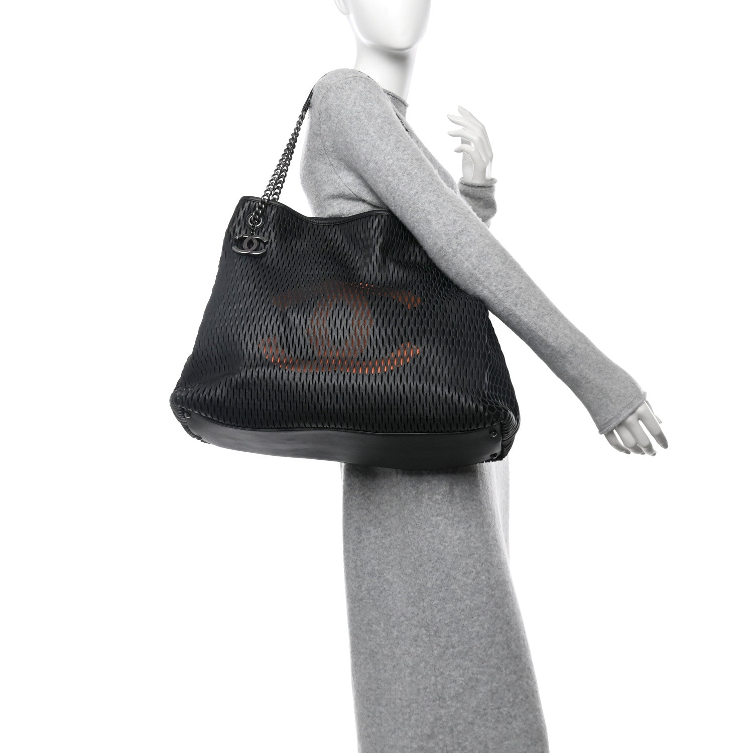 Chanel Calfskin Laser Cut Perforated CC Tote Black 2 of 10