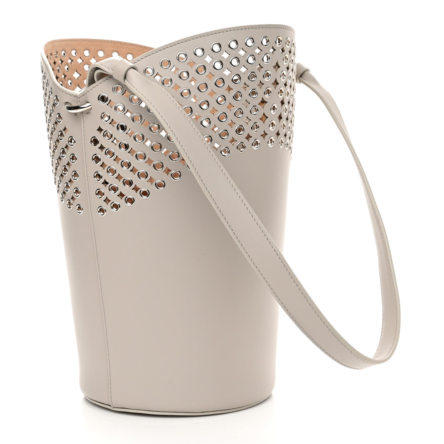 Alaia Calfskin Grommet Bucket Bag Taupe 3 of 9