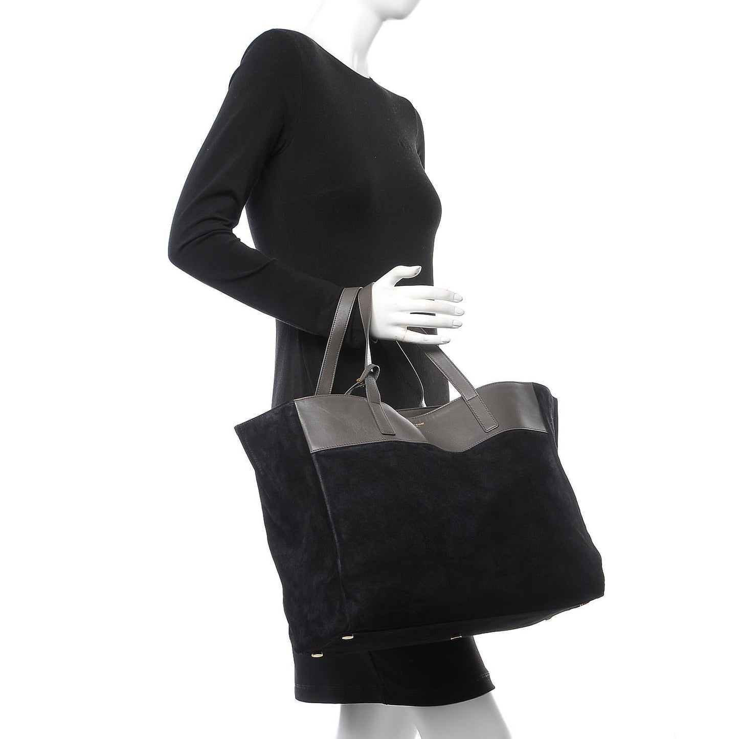 Calfskin Suede Reversible East West Shopper Tote Dark Grey