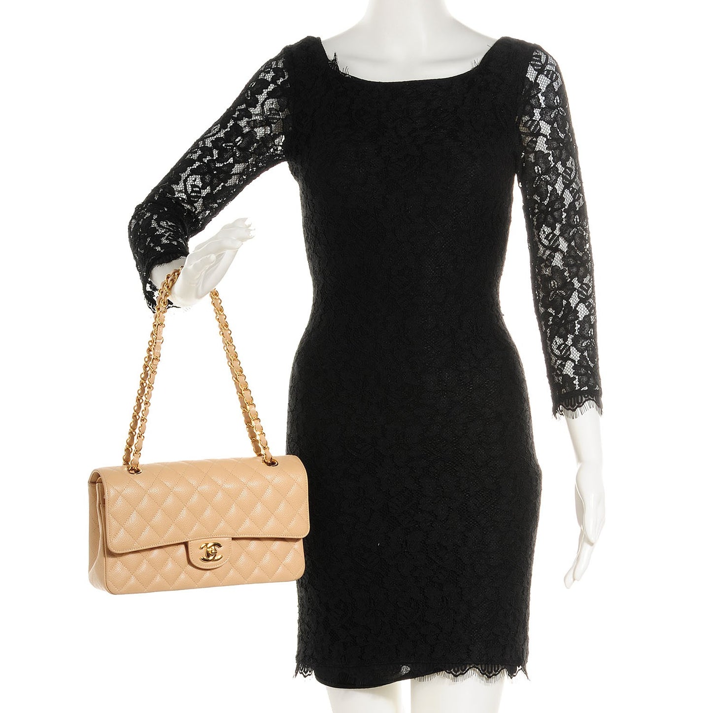 Caviar Quilted Medium Double Flap Beige Clair