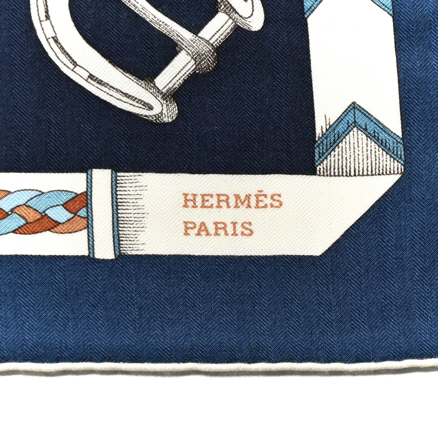 Hermes Cashmere Silk Chevaux Dechaines Shawl 140 Marine Fonce White Noisette 2 of 6