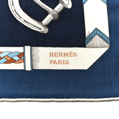 Hermes Cashmere Silk Chevaux Dechaines Shawl 140 Marine Fonce White Noisette 2 of 6