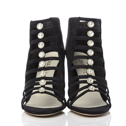 Chanel Suede Pearl Open Toe Caged Ankle Boots 39.5 Dark Grey 2 of 10