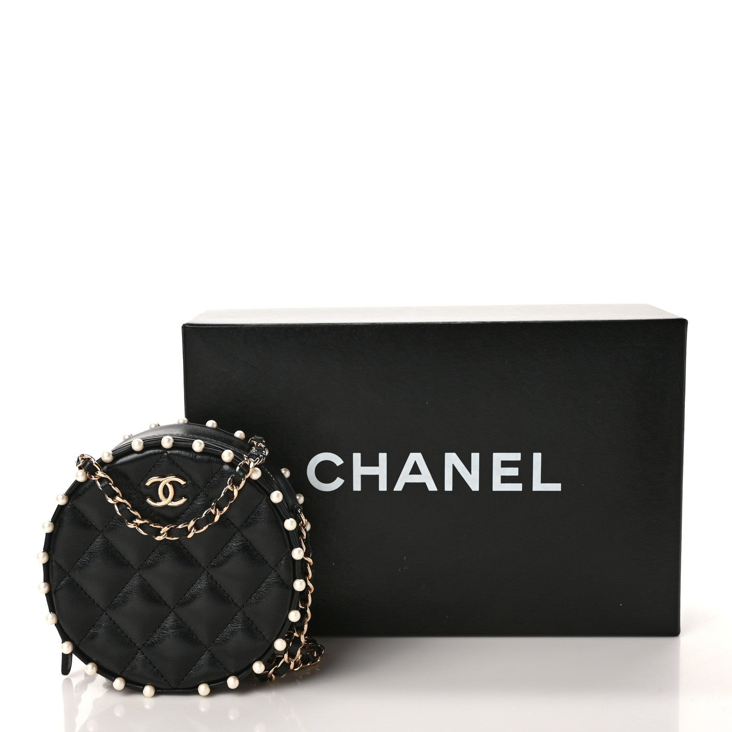 Chanel Calfskin Quilted Pearl Round Clutch With Chain Black 10 of 10