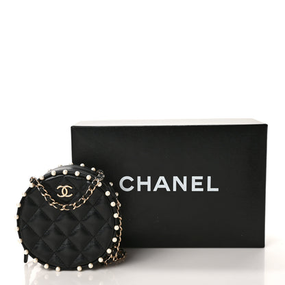 Chanel Calfskin Quilted Pearl Round Clutch With Chain Black 10 of 10