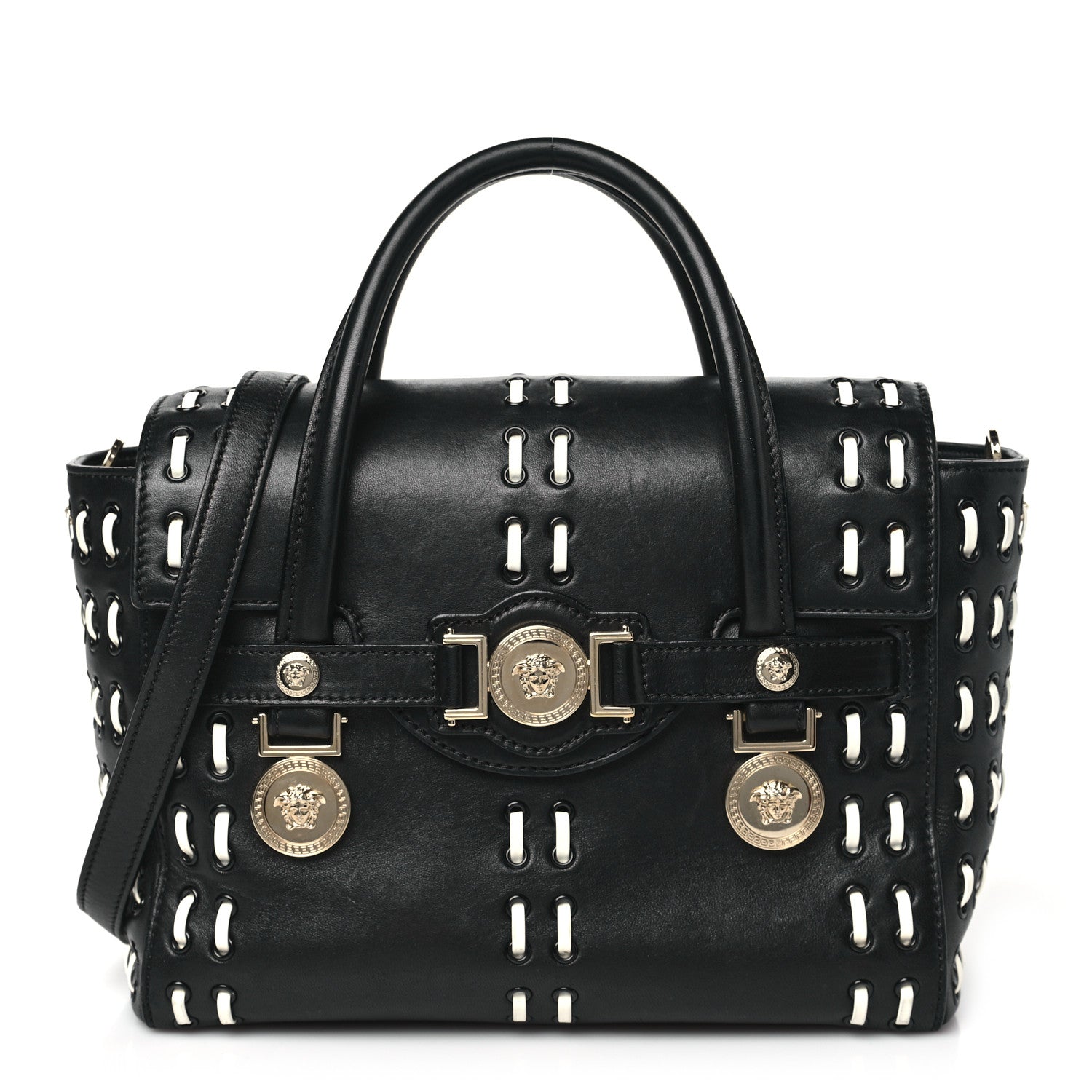 Versace Vitello Calfskin Signature Tote Black White 1 of 11