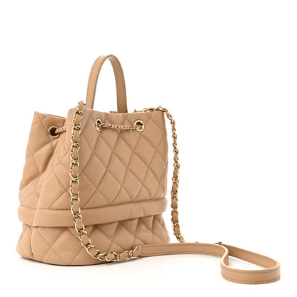 Chanel Caviar Quilted Rolled Up Bucket Drawstring Bag Beige 3 of 13