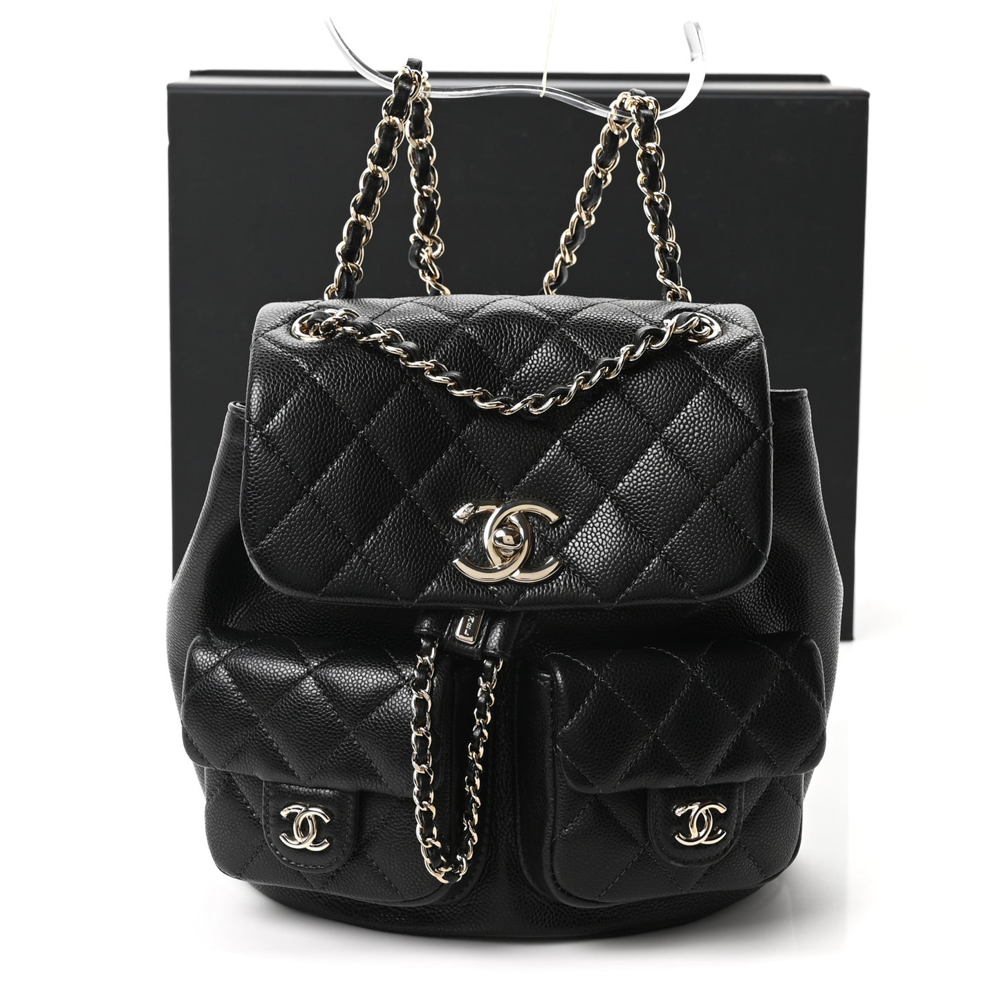 Shiny Caviar Quilted Small Duma Pockets Drawstring Backpack Black