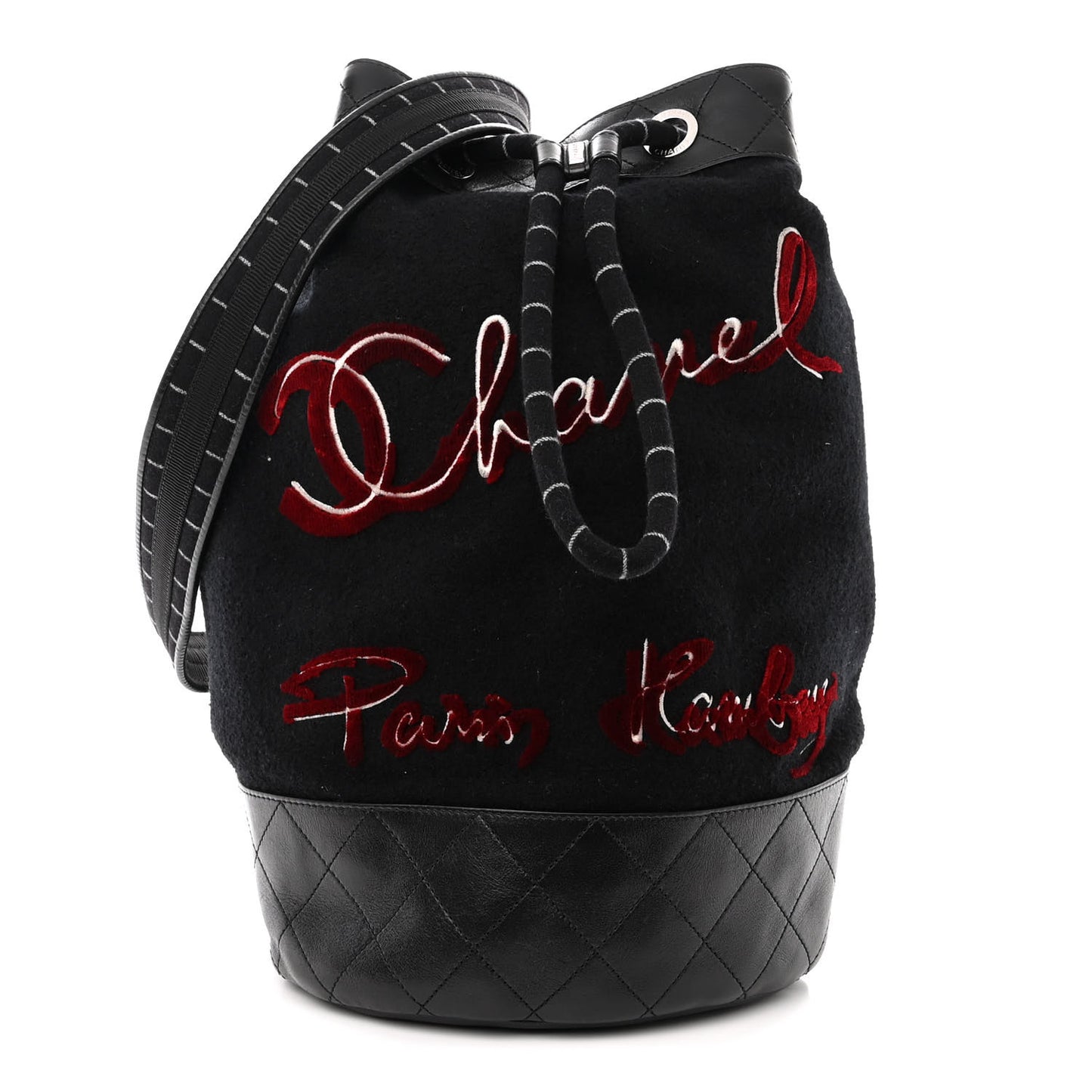 Wool Calfskin Embroidered Paris Hamburg Drawstring Backpack Black
