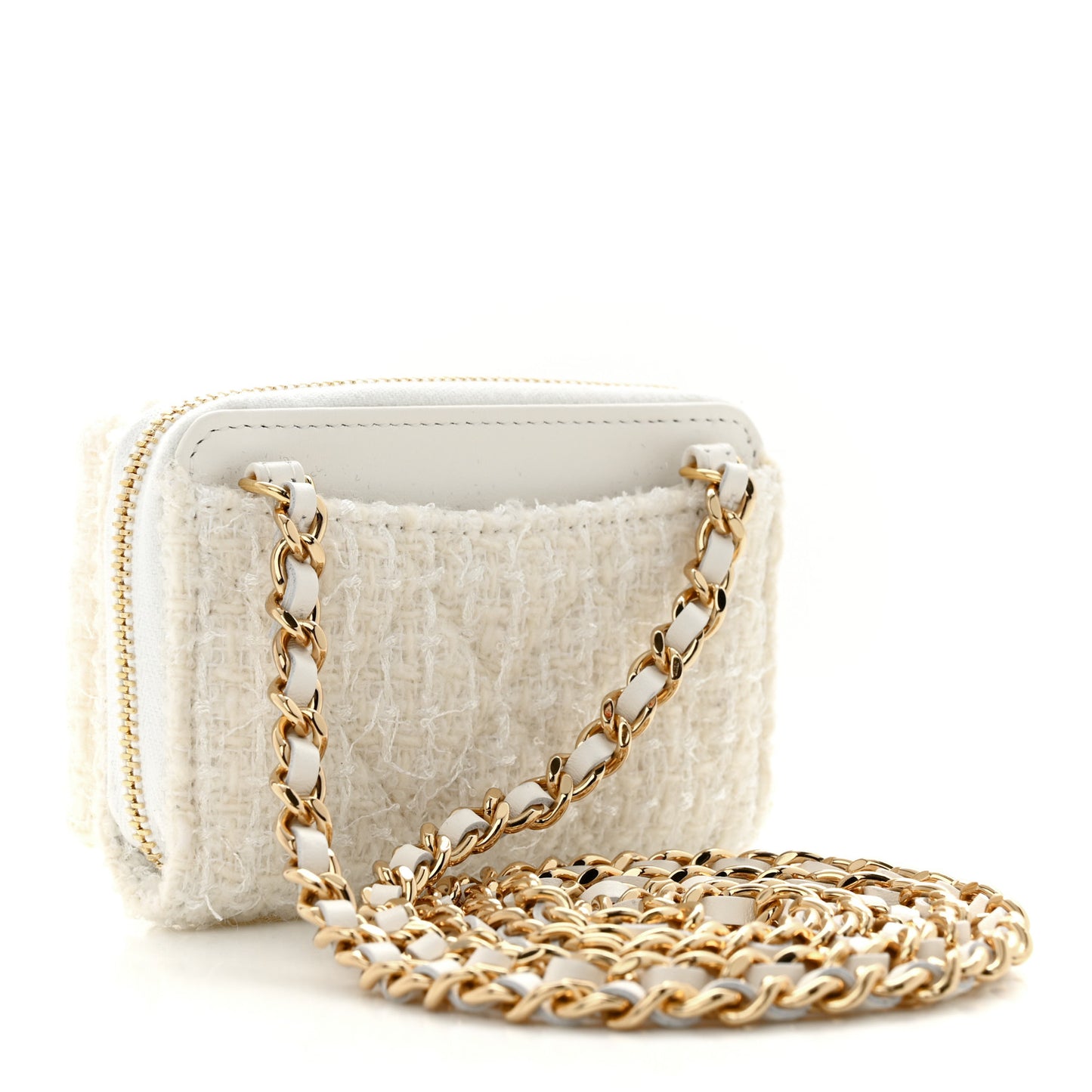 Tweed Quilted Bow Flap Card Holder On Chain White