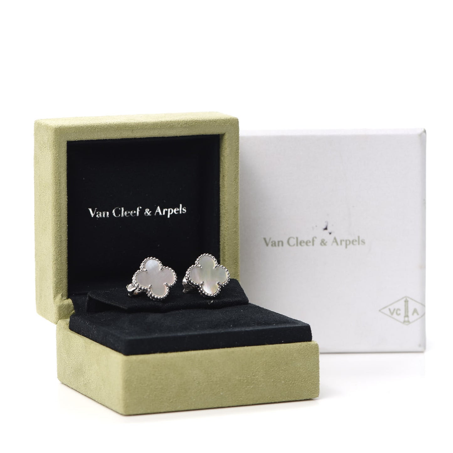 18K White Gold Mother of Pearl Vintage Alhambra Earrings