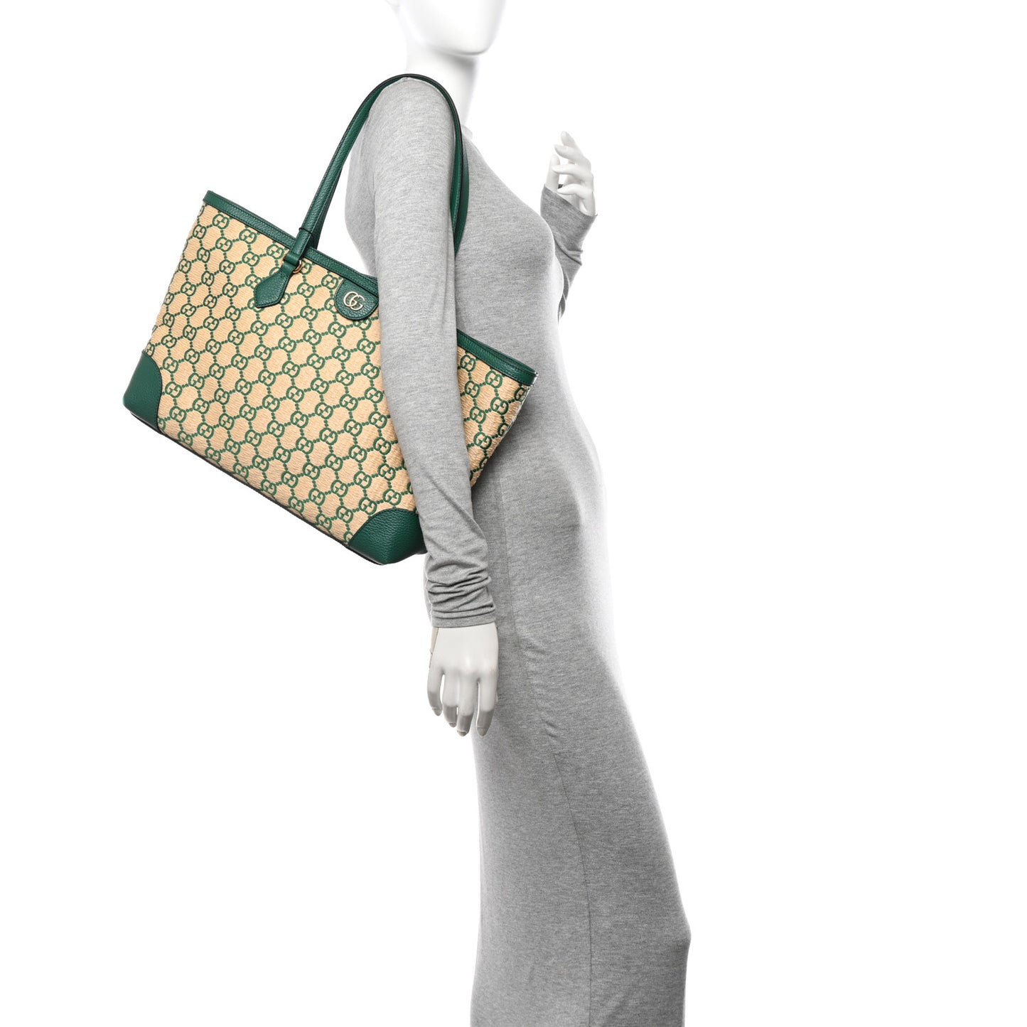 Straw Jacquard Dollar Calfskin GG Monogram Medium Ophidia Shopping Tote Natural Emerald
