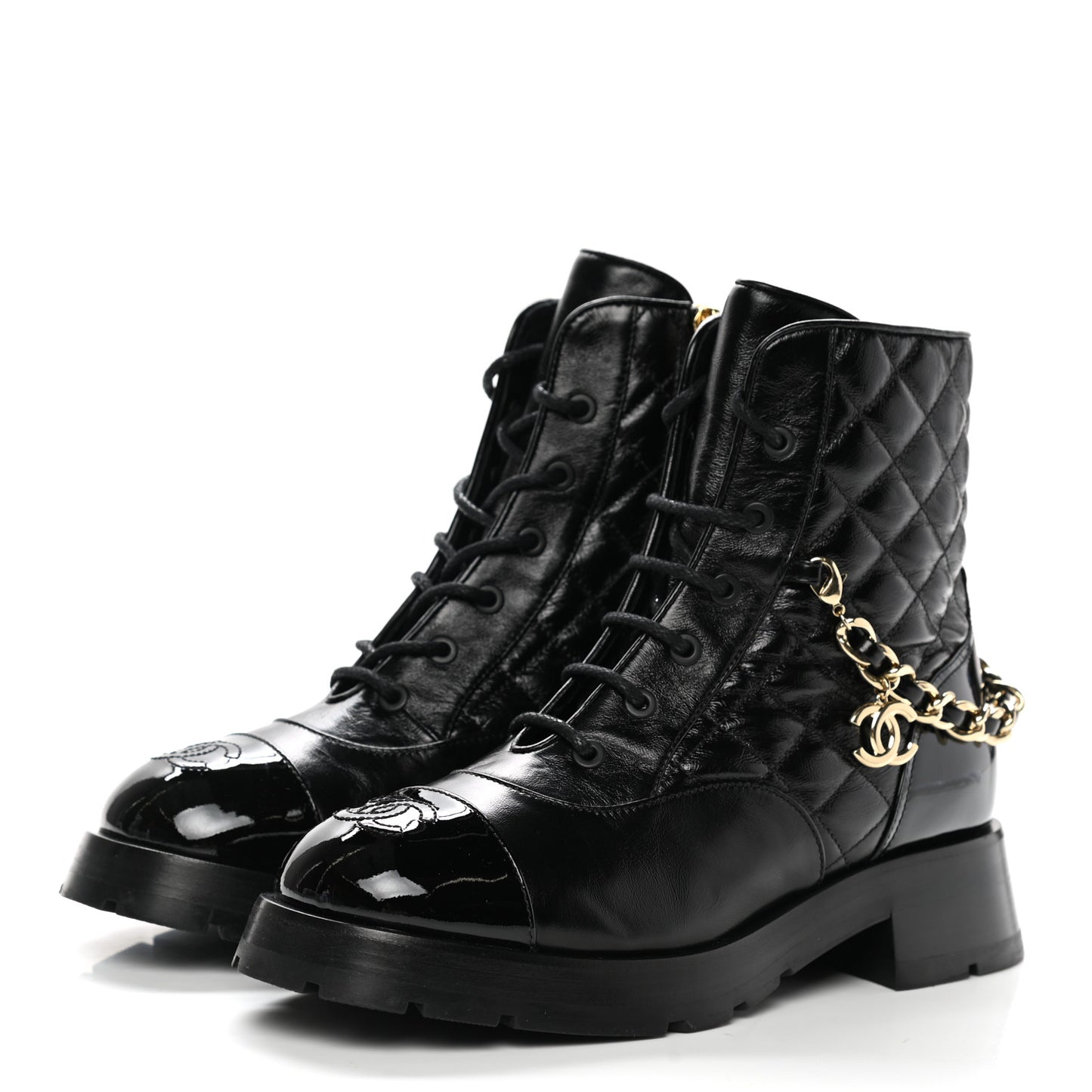 Shiny Calfskin Patent Quilted Chain Lace Up Combat Boots 38.5 Black