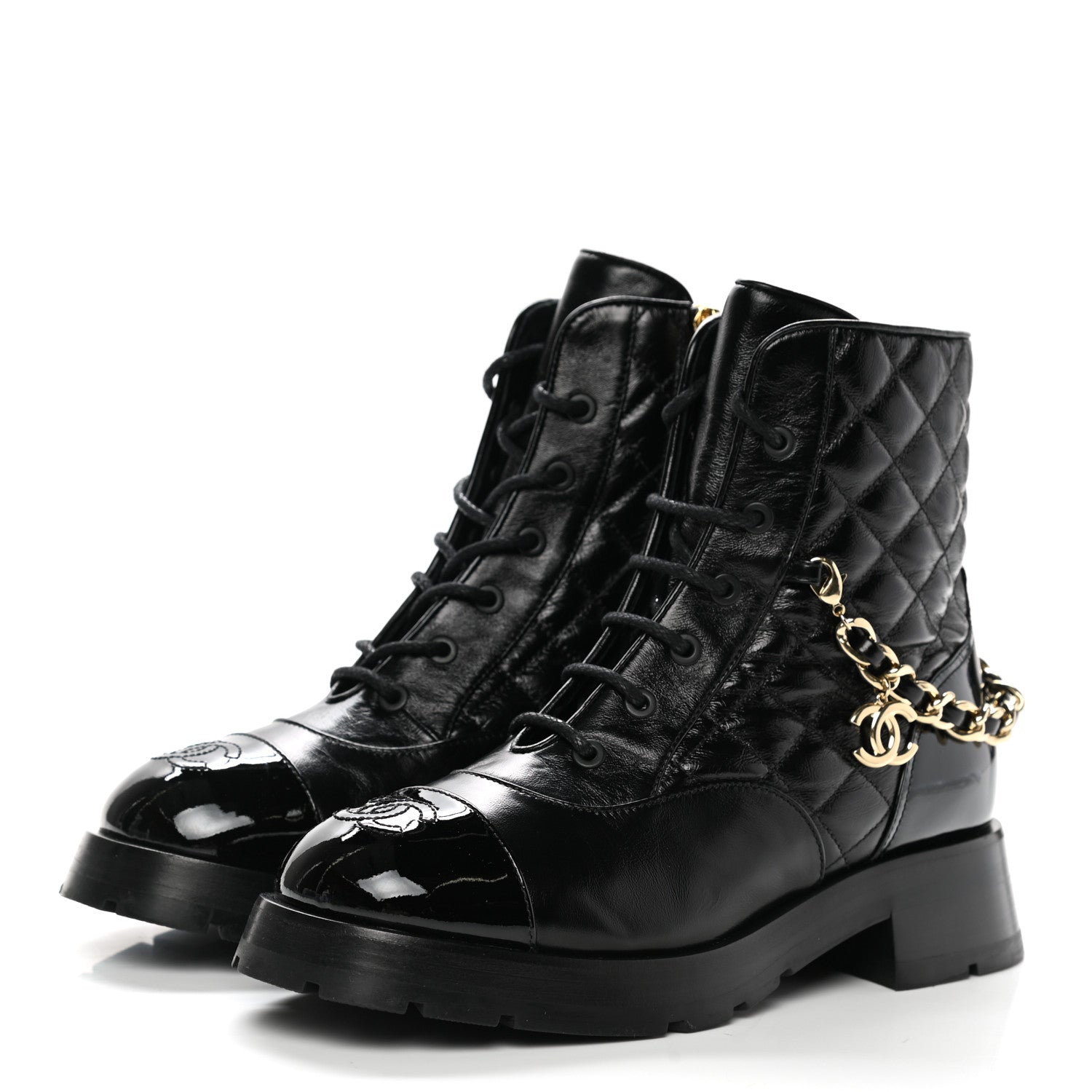 Chanel Shiny Calfskin Patent Quilted Chain Lace Up Combat Boots 38.5 Black 3 of 9