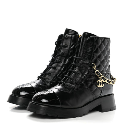 Chanel Shiny Calfskin Patent Quilted Chain Lace Up Combat Boots 38.5 Black 3 of 9