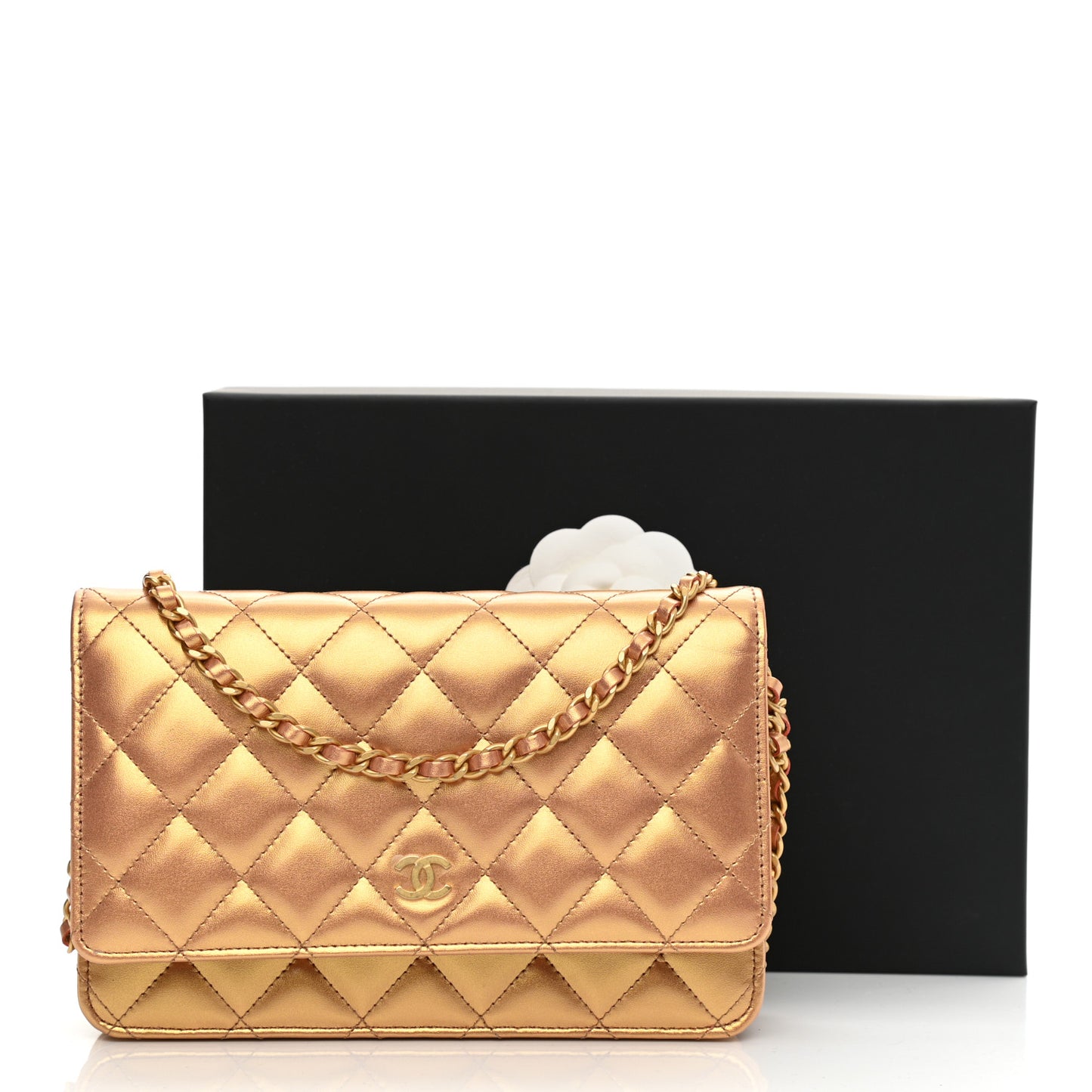 Metallic Lambskin Quilted Wallet On Chain WOC Golden