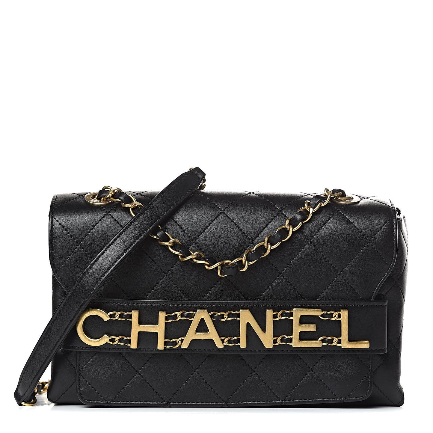 Calfskin Quilted Enchained Flap Black