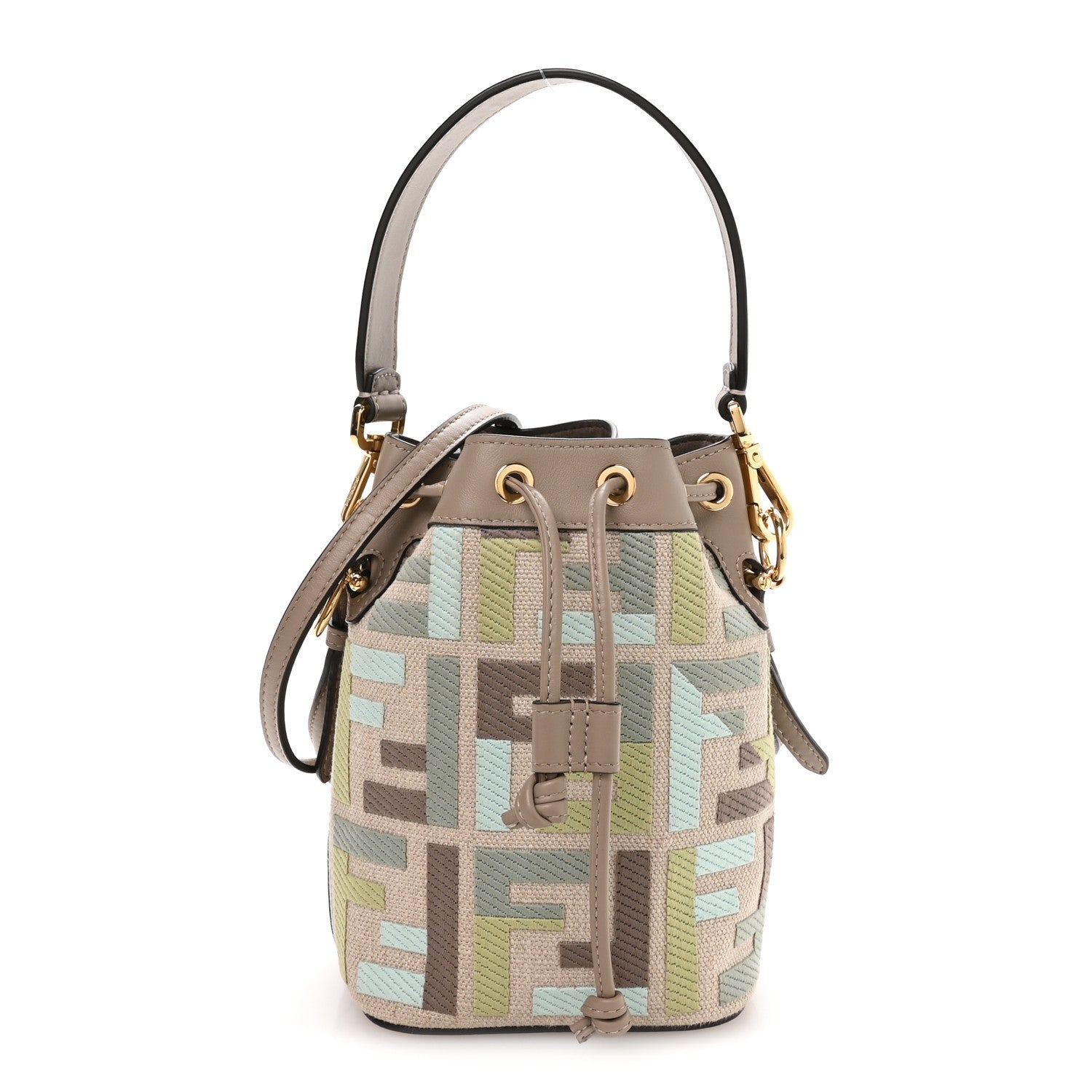 Fendi Canvas Vitello King FF Embroidered Mini Mon Tresor Bucket Bag Matcha Milk Dove 1 of 10
