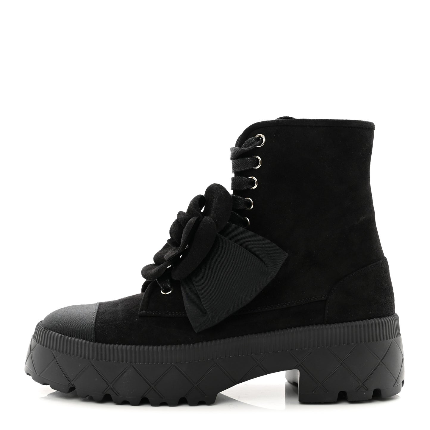 Suede Grosgrain Cap Toe CC Camellia Lace Up Combat Boots 38.5 Black