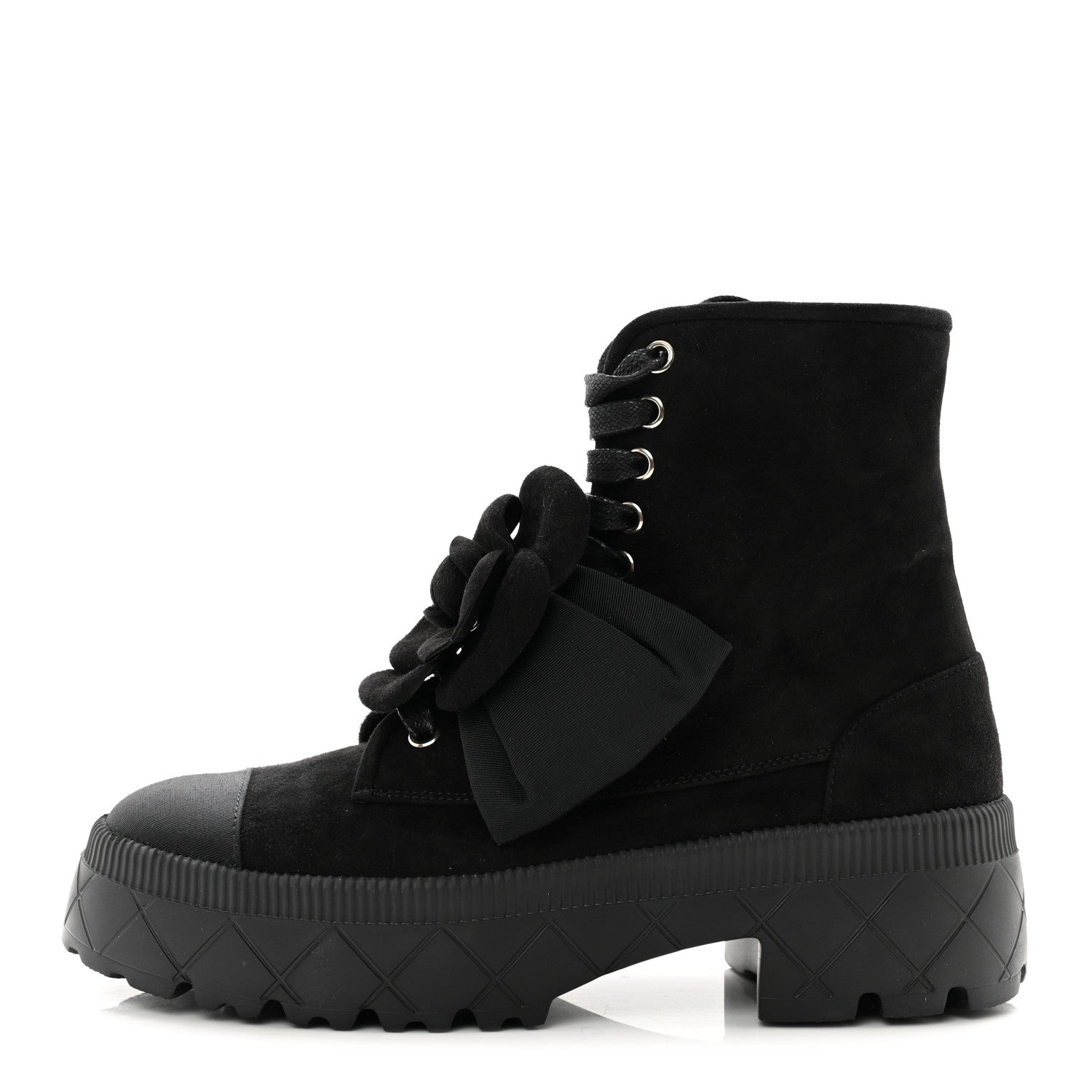 Chanel Suede Grosgrain Cap Toe CC Camellia Lace Up Combat Boots 38.5 Black 1 of 8