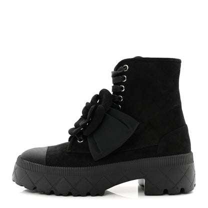 Chanel Suede Grosgrain Cap Toe CC Camellia Lace Up Combat Boots 38.5 Black 1 of 8
