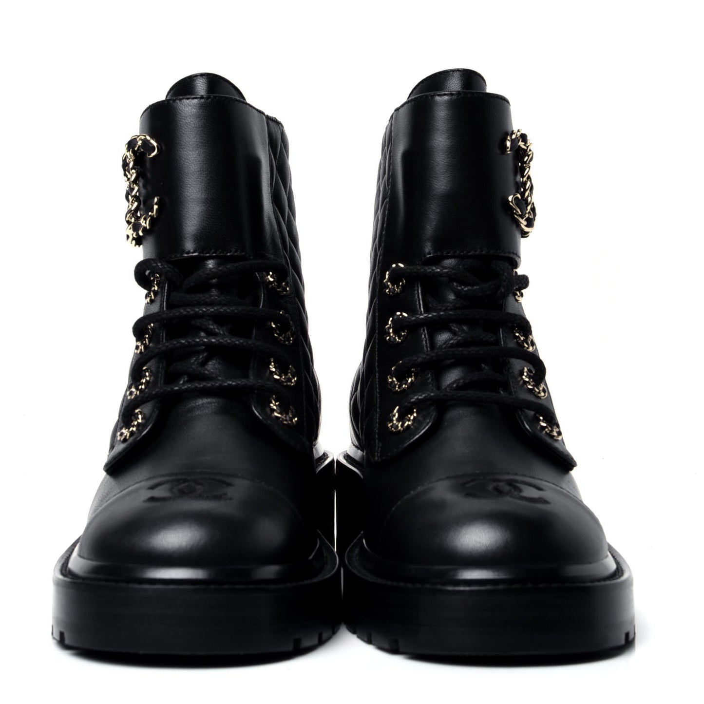 Shiny Lambskin Quilted Lace Up Combat Boots 37.5 Black