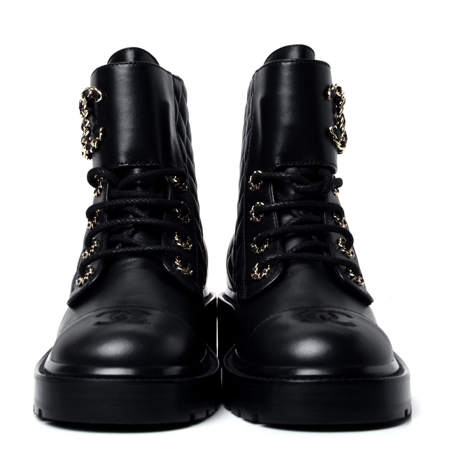 Chanel Shiny Lambskin Quilted Lace Up Combat Boots 37.5 Black 2 of 5