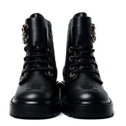 Chanel Shiny Lambskin Quilted Lace Up Combat Boots 37.5 Black 2 of 5
