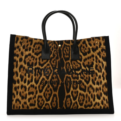 Saint Laurent Canvas Calfskin Leopard Print Rive Gauche Noe Tote Natural Black 1 of 14