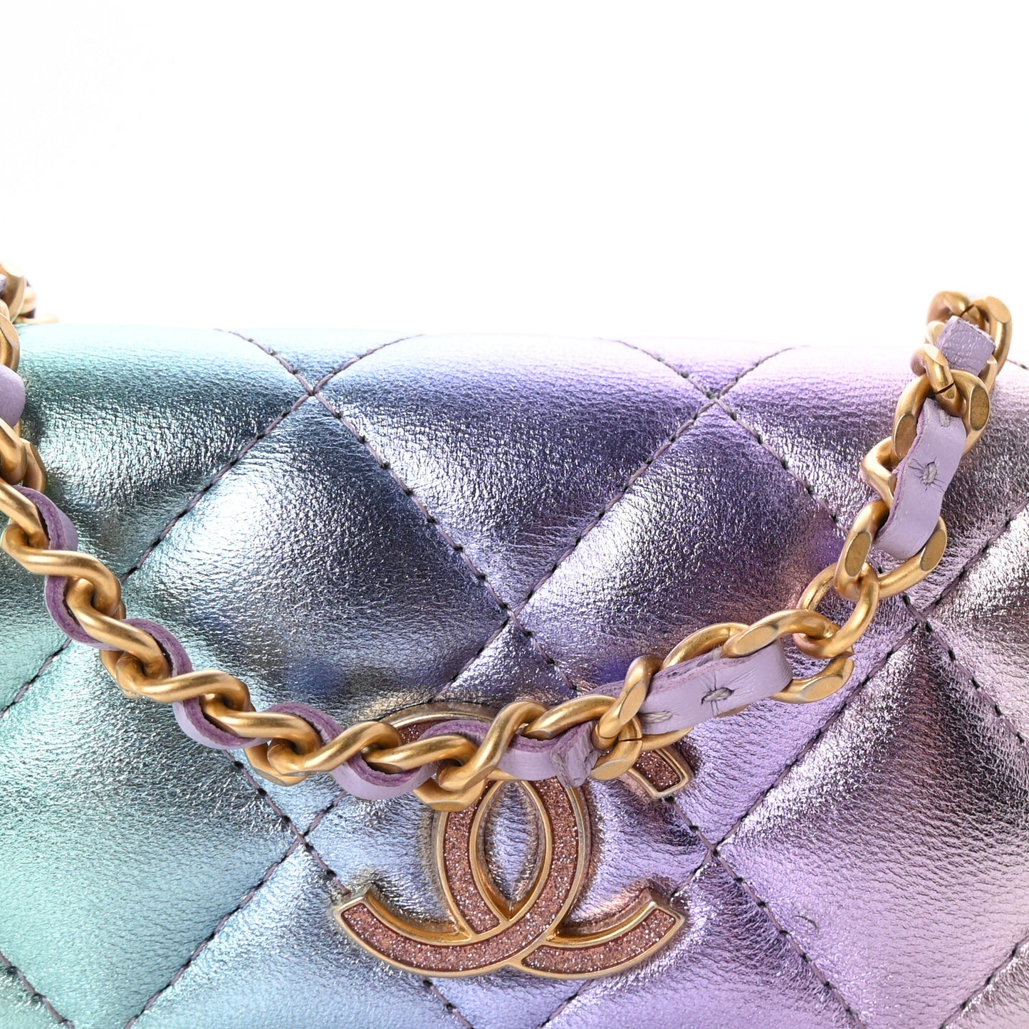 Gradient Metallic Lambskin Quilted Flap Chain Belt Bag Pink Purple Green