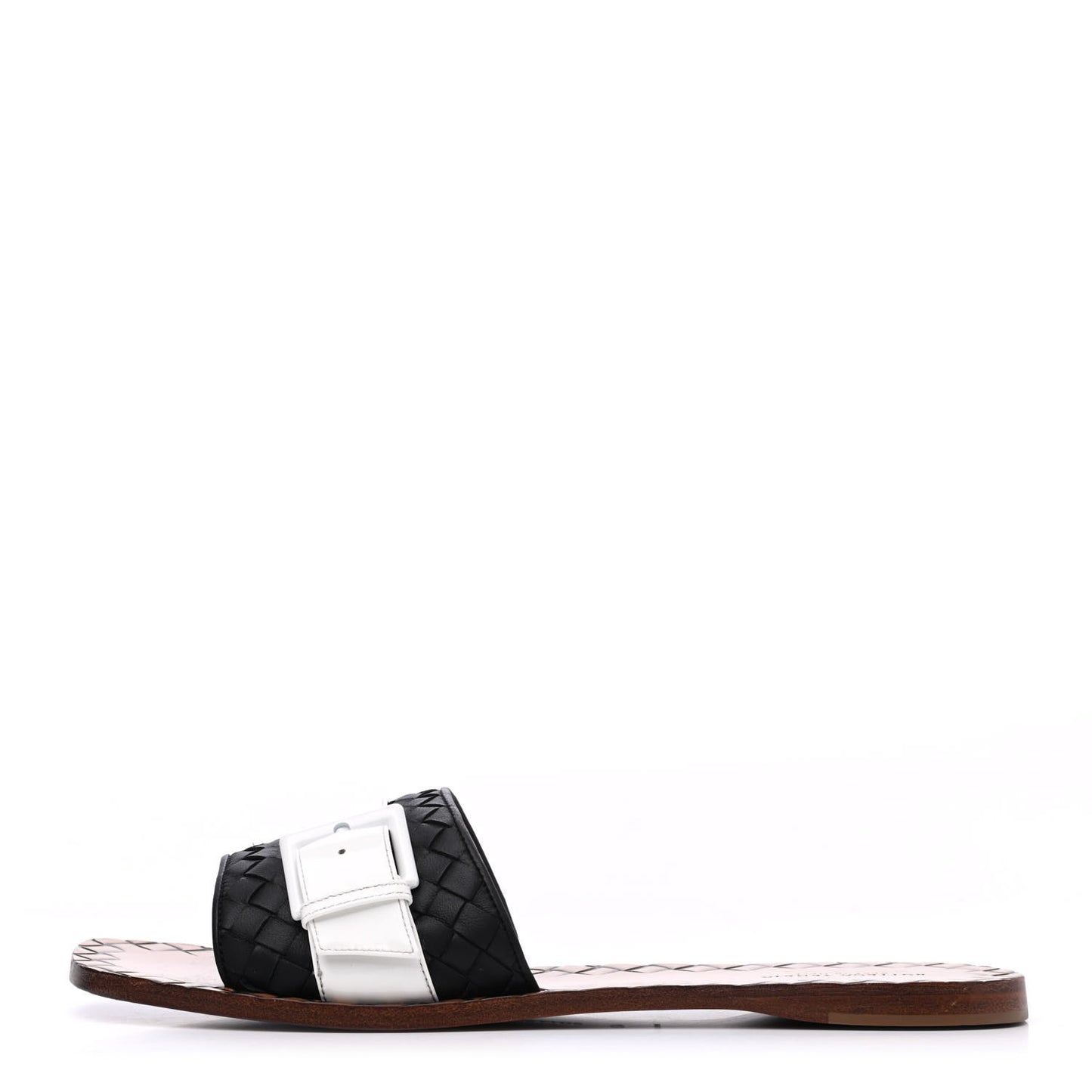 Nappa Intrecciato Patent Ravello Buckle Flat Sandals 40 Black White