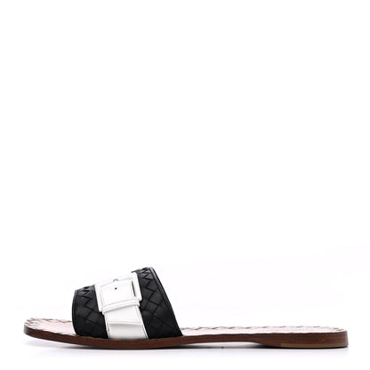 Bottega Veneta Nappa Intrecciato Patent Ravello Buckle Flat Sandals 40 Black White 3 of 15