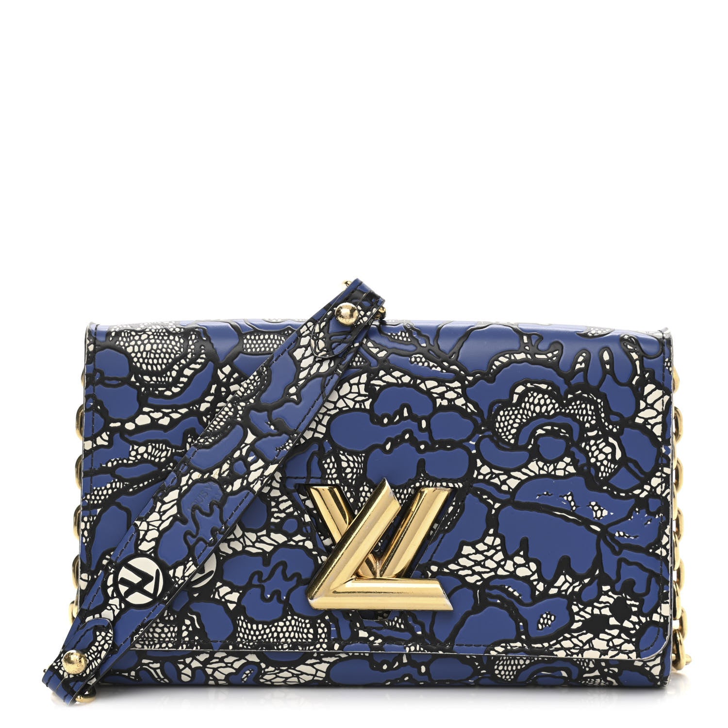 Louis Vuitton Calfskin Lace Flower Inlay Twist Chain Wallet Navy Black 1 of 9
