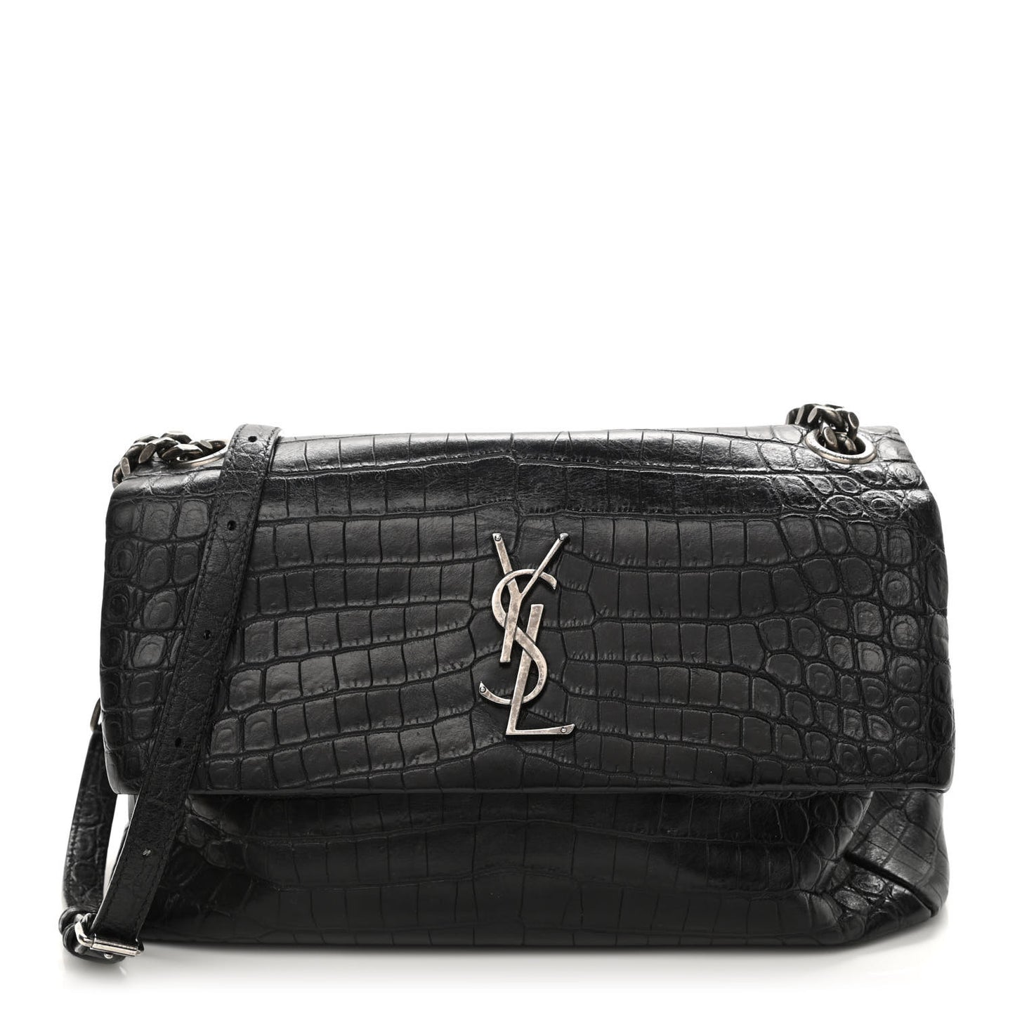 Calfskin Crocodile Embossed Medium West Hollywood Monogram Fold-Over Black