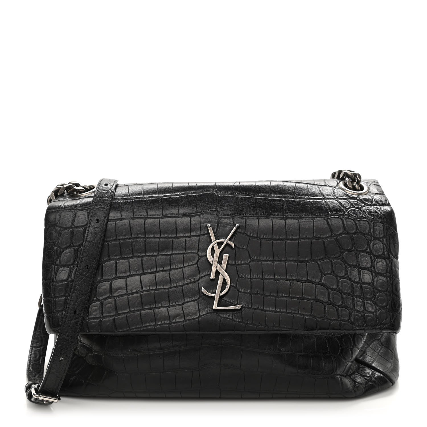 Saint Laurent Calfskin Crocodile Embossed Medium West Hollywood Monogram Fold-Over Black 1 of 23